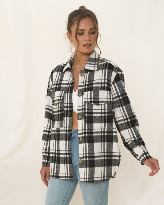 Image of a model wearing Tops. Productname: HEYCHIC Flynn Check Wool Blend Shacket in Black colour by brand - HEYCHIC