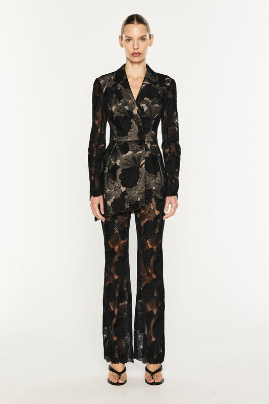 Image of Jackets. Product name - Sheer Force Peplum Blazer in Black colour by brand - MANNING CARTELL