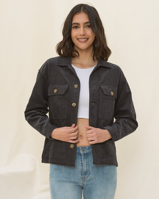 Image of a model wearing Tops. Productname: HEYCHIC Fayth Black Cord Jacket in Charcoal colour by brand - HEYCHIC