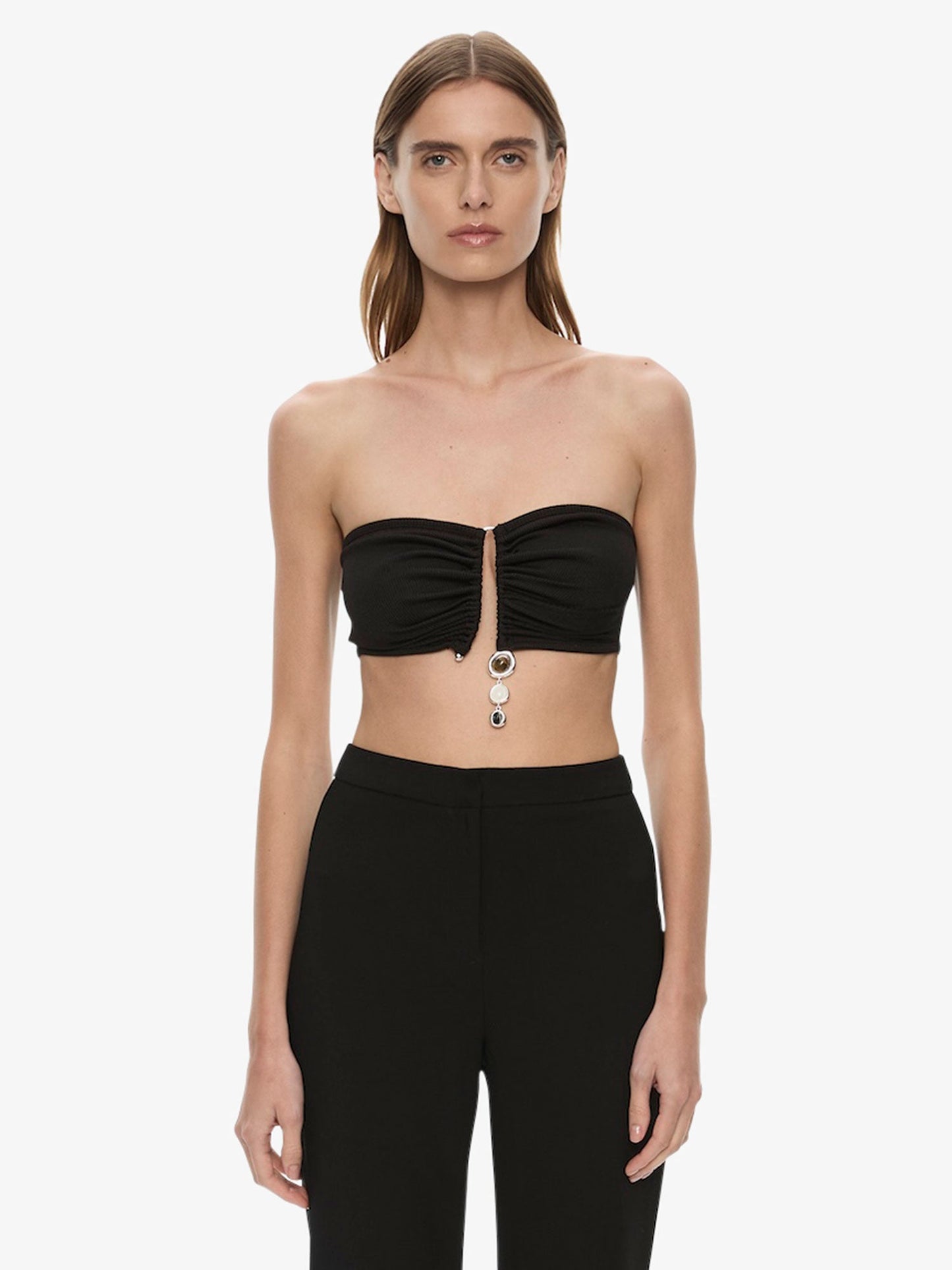 Image of Clothing Tops. Product name - Droplet Crystal Pendant Ruched Bandeau in Black colour by brand - CHRISTOPHER ESBER