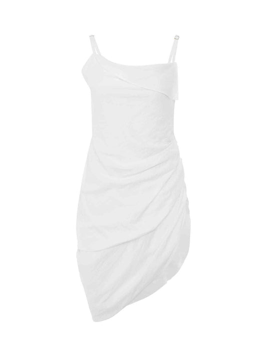Image of a model wearing Dress. Productname: JACQUEMUS Saudade Asymmetric Draped Mini Dress in White colour by brand - JACQUEMUS