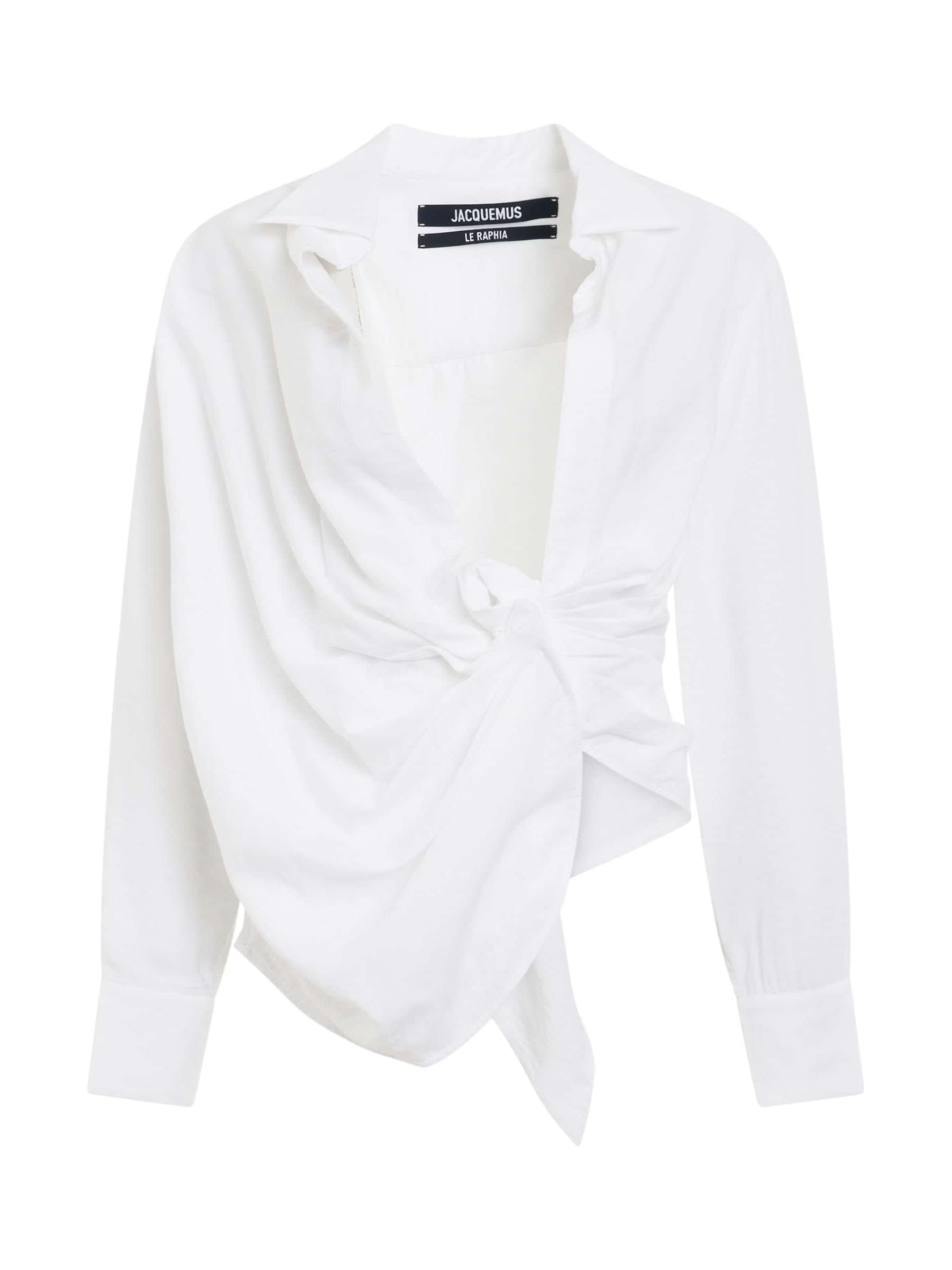 Image of a model wearing Tops. Productname: JACQUEMUS Bahia Tied Sash Shirt in White colour by brand - JACQUEMUS
