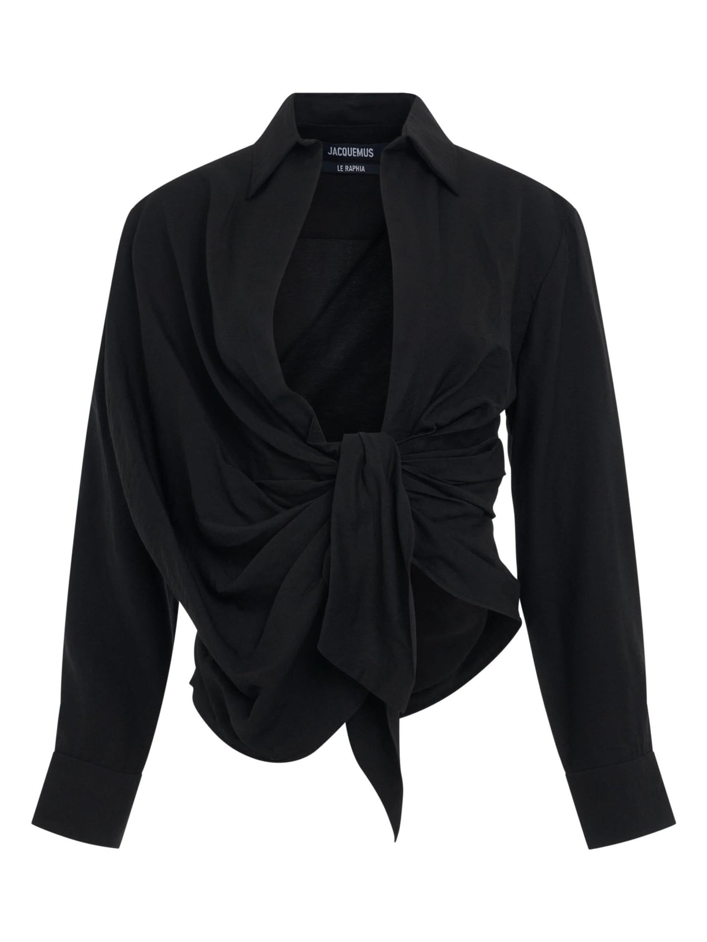 Image of a model wearing Tops. Productname: JACQUEMUS Bahia Tied Sash Shirt in Black colour by brand - JACQUEMUS