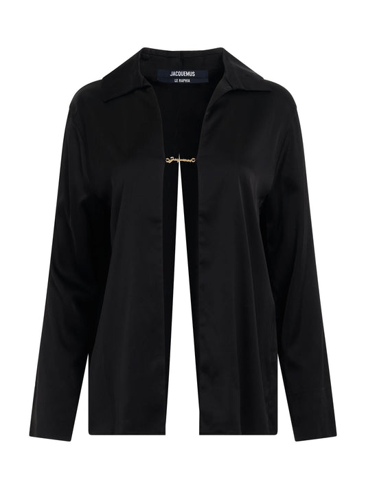 Image of a model wearing Tops. Productname: JACQUEMUS Notte Open Charm Shirt in BLACK colour by brand - JACQUEMUS