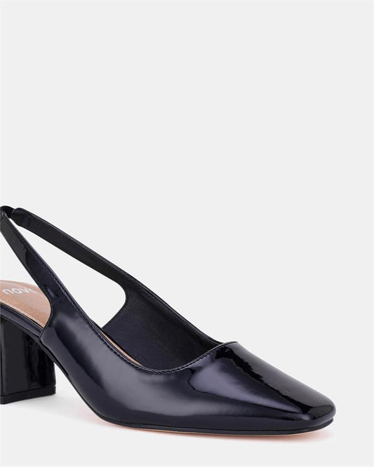 Image of Shoes. Product name - Ishani Women's Court Low Heel Black Patent Novo Court in Black Patent colour by brand - NOVO