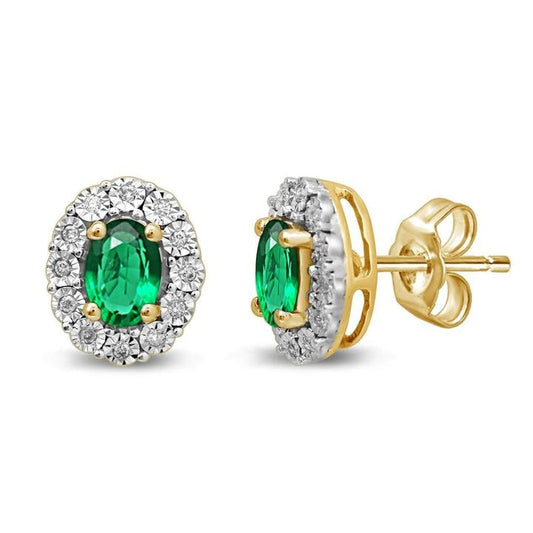 Image of Earrings. Product name - Created Emerald and Diamond Oval Halo Stud Earrings in 9kt Yellow Gold in colour by brand - Bevilles