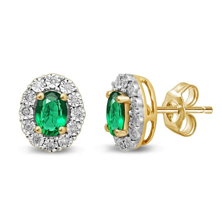Image of Earrings. Product name - Created Emerald and Diamond Oval Halo Stud Earrings in 9kt Yellow Gold in colour by brand - Bevilles