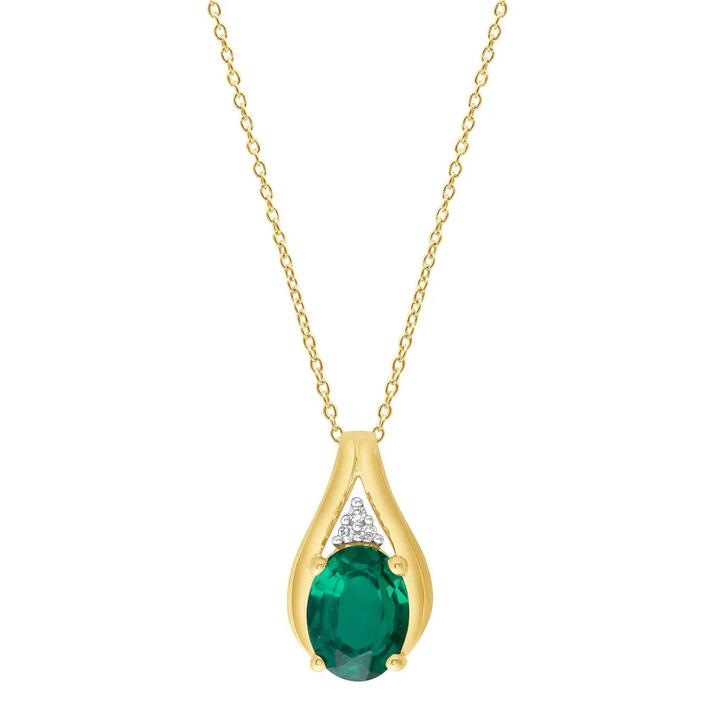 Image of Necklaces. Productname: 9kt Yellow Gold Diamond and Created Emerald Necklace in Diamond colour by brand - Bevilles