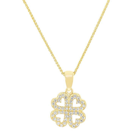 Image of Necklaces. Productname: Cubic Zirconia Clover Pendant Necklace in 9kt Yellow Gold in Gold colour by brand - Bevilles