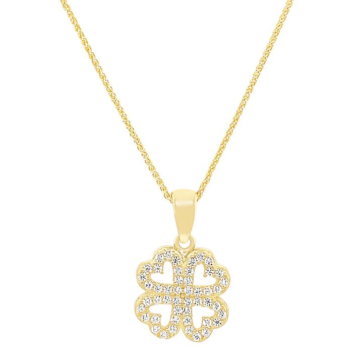 Image of Necklaces. Productname: Cubic Zirconia Clover Pendant Necklace in 9kt Yellow Gold in Gold colour by brand - Bevilles