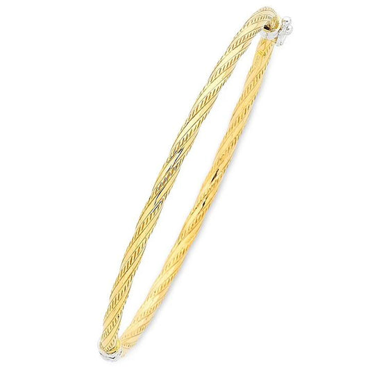 Image of Jewelry. Productname: 9kt Two Tone Gold Silver Infused Twist Hinged Bangle in Gold colour by brand - Bevilles