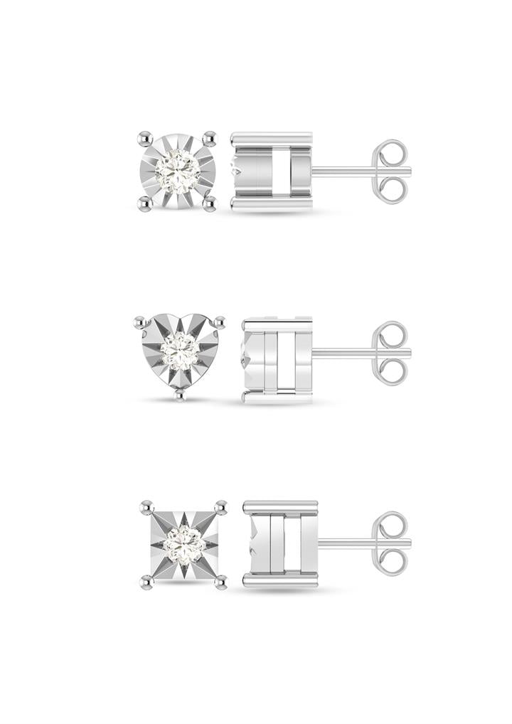 Image of Earrings. Productname: 3 Piece Diamond Stud Set in Sterling Silver in Diamond colour by brand - Bevilles