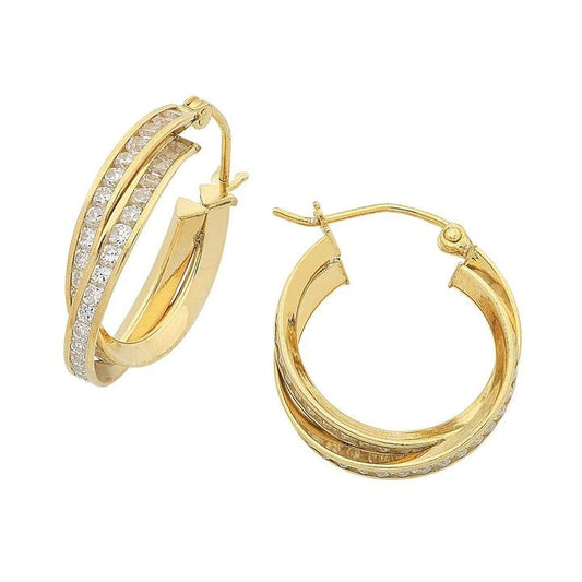 Image of Earrings. Productname: 18mm Cross Over Cubic Zirconia Hoop Earrings in 9kt Yellow Bonded Gold in Gold colour by brand - Bevilles