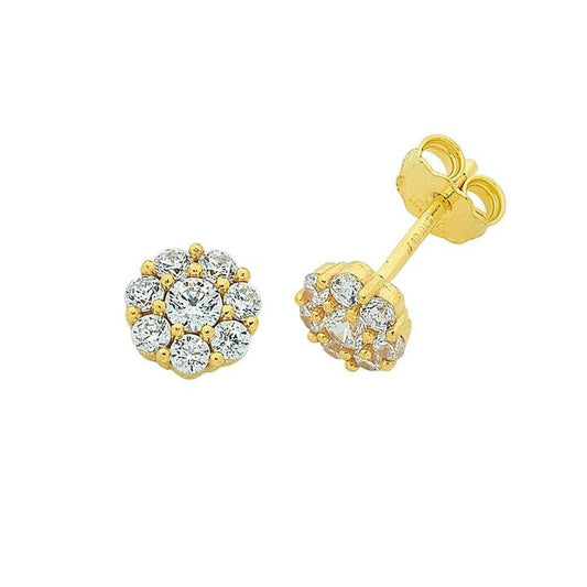 Image of Earrings. Productname: 9kt Yellow Gold Silver Infused Cubic Zirconia Flower Stud Earrings in Gold colour by brand - Bevilles