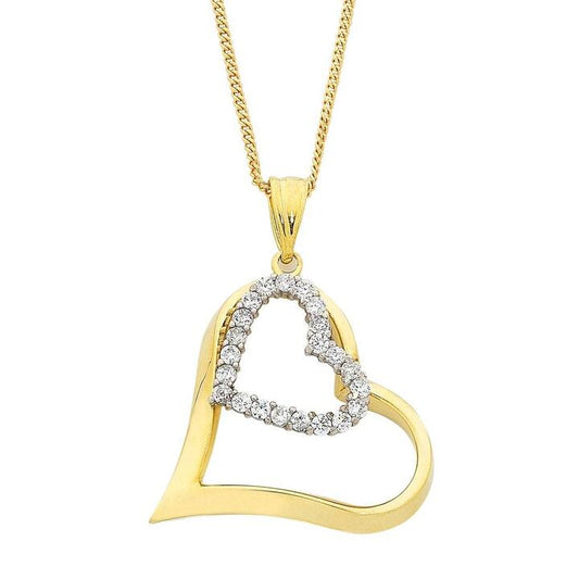 Image of Charms. Productname: 9kt Yellow Gold Silver Infused and Cubic Zirconia Double Heart Pendant in Gold colour by brand - Bevilles