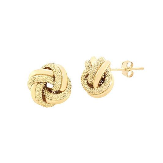 Image of Earrings. Productname: Diamond Cut Knot Studs in 9kt Yellow Gold in Gold colour by brand - Bevilles