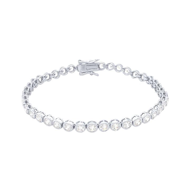 Image of Bracelets. Productname: 3mm Cubic Zirconia Bezel Tennis Bracelet in Gold Plated Sterling Silver in Silver colour by brand - Bevilles
