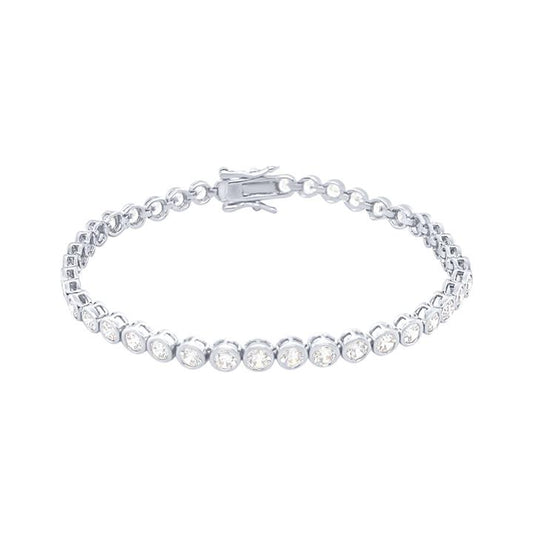 Image of Bracelets. Productname: 18cm 3mm Width Bezel Set Cubic Zirconia Tennis Bracelet in Yellow Gold Plated Sterling Silver in Silver colour by brand - Bevilles