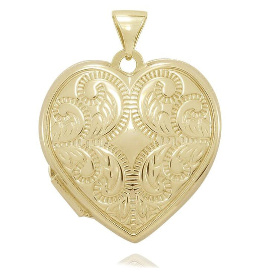 Image of Necklaces. Productname: 9kt Yellow Gold Infused Filigree Heart Locket 21mm in Gold colour by brand - Bevilles