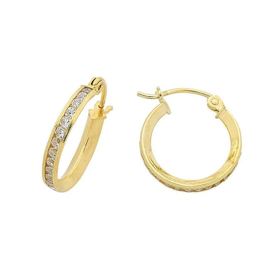 Image of Earrings. Productname: 9kt Yellow Gold Silver Infused 15mm Cubic Zirconia Hoop Earrings in Gold colour by brand - Bevilles