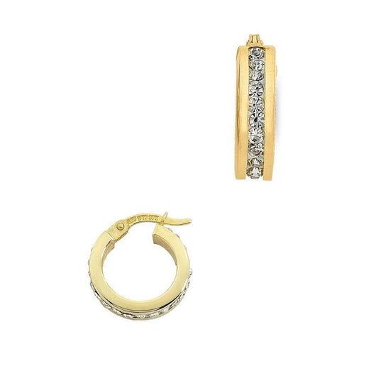 Image of Earrings. Productname: 9kt Yellow Gold Silver Infused Crystal Hoop Earrings 15mm in Gold colour by brand - Bevilles