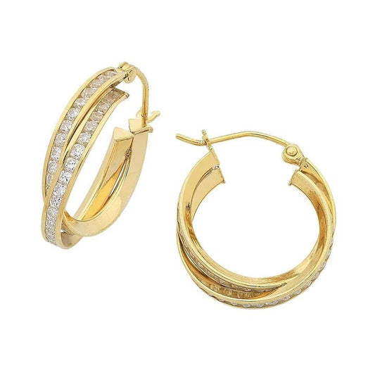 Image of Earrings. Productname: 15mm Cross Over Cubic Zirconia Hoop Earrings in 9kt Yellow Bonded Gold in Gold colour by brand - Bevilles