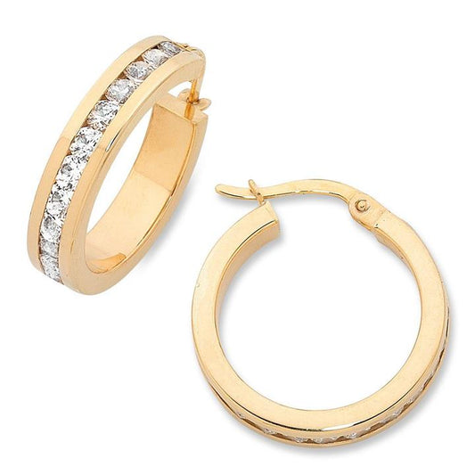 Image of Earrings. Product name - 10mm Channel Set Cubic Zirconia Hoop Earrings in 9kt Yellow Bonded Gold in colour by brand - Bevilles