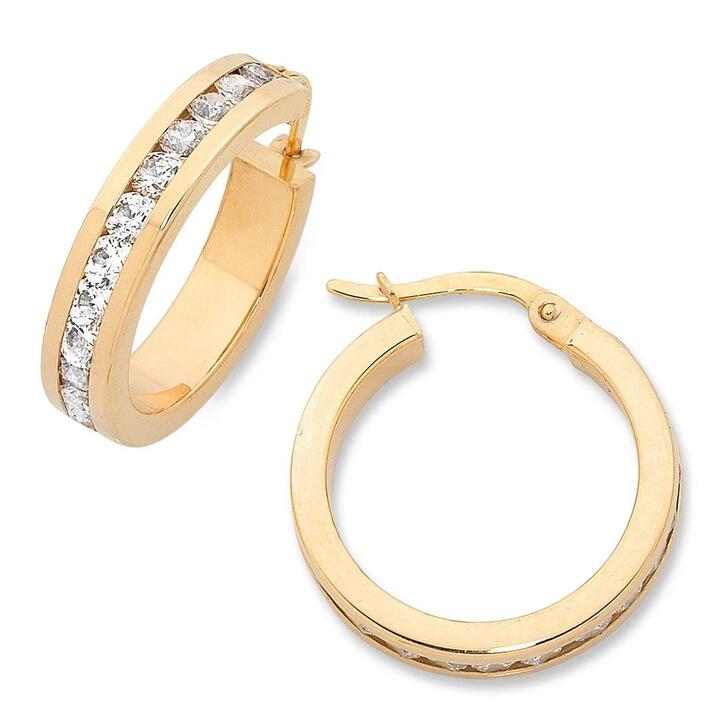 Image of Earrings. Productname: 9kt Yellow Bonded Gold Silver Infused 15mm Cubic Zirconia Hoop Earrings in Gold colour by brand - Bevilles