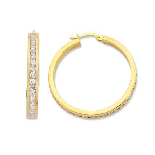 Image of Earrings. Productname: 9kt Yellow Gold Silver Infused Cubic Zirconia 35mm Hoop Earrings in Gold colour by brand - Bevilles