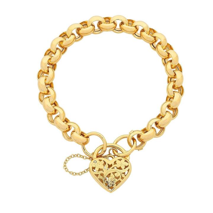 Image of Bracelets. Product name - 20cm Belcher Filigree Heart Padlock Bracelet in 9kt Yellow Bonded Gold in colour by brand - Bevilles