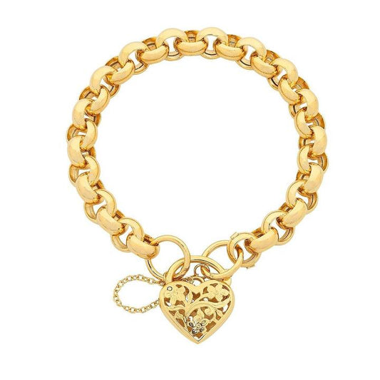 Image of Bracelets. Product name - 20cm Belcher Filigree Heart Padlock Bracelet in 9kt Yellow Bonded Gold in colour by brand - Bevilles