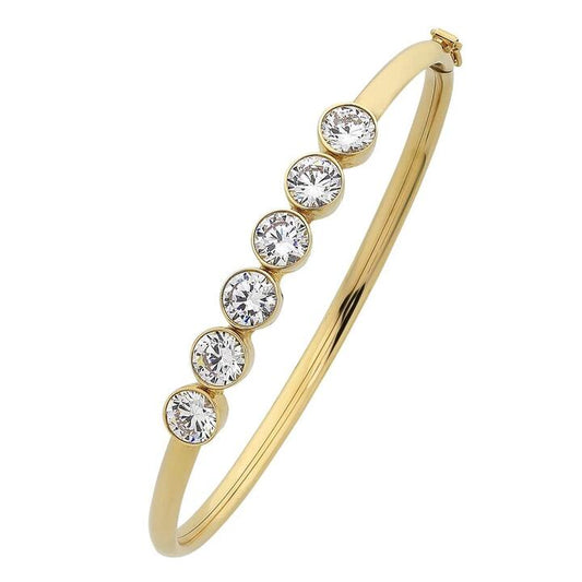 Image of Jewelry. Productname: 9kt Yellow Gold Silver Infused 6 Bezel Cubic Zirconia Oval Bangle in Gold colour by brand - Bevilles