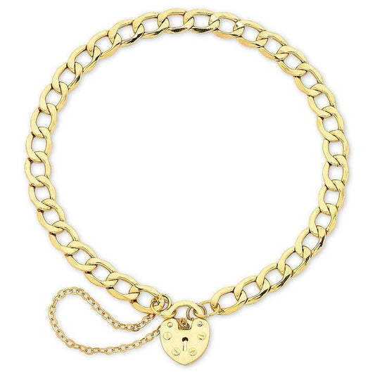 Image of Bracelets. Productname: 19cm Curb Heart Padlock Bracelet in 9kt Yellow Gold in colour by brand - Bevilles