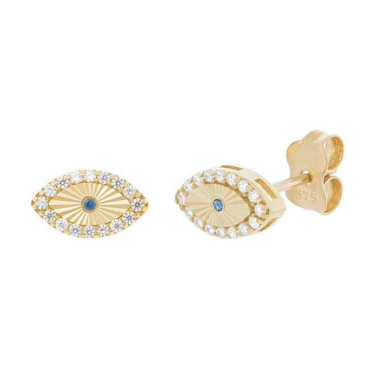 Image of Earrings. Productname: 9kt Yellow Gold Evil Eye Stud Earrings with Cubic Zirconia in Gold colour by brand - Bevilles
