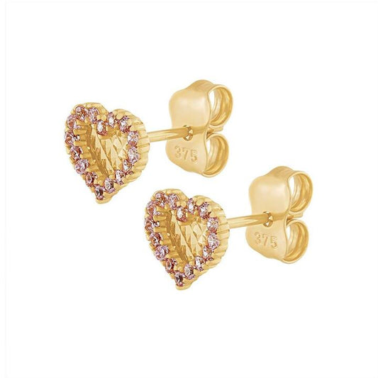 Image of Earrings. Product name - Cubic Zirconia and Diamond Cut Heart Stud Earrings in 9kt Yellow Gold in colour by brand - Bevilles
