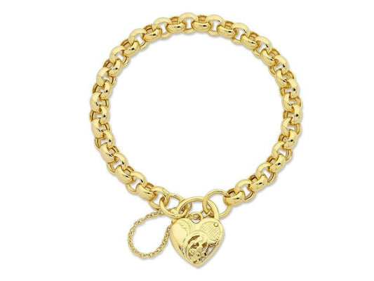 Image of Bracelets. Productname: 20cm Belcher Heart Padlock Bracelet in 9kt Yellow Bonded Gold in Gold colour by brand - Bevilles