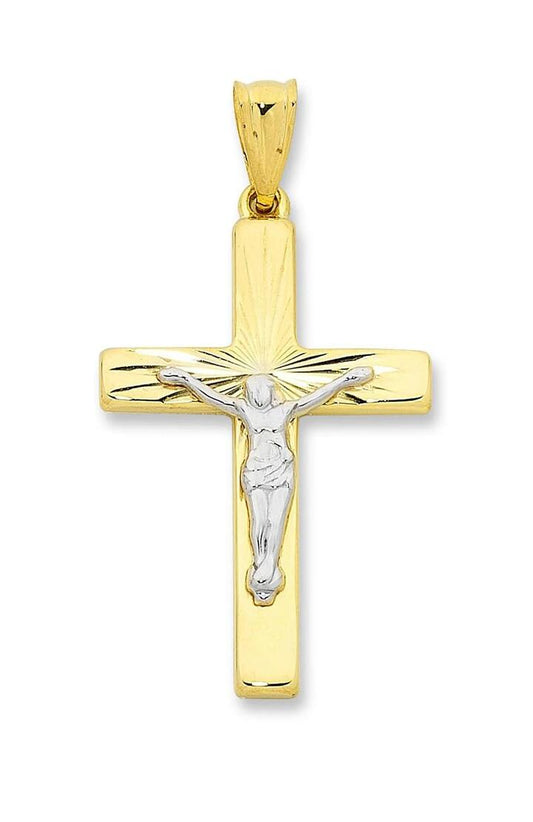 Image of Charms. Productname: 9kt Two Tone Silver Infused Diamond Cut Crucifix Pendant in Gold colour by brand - Bevilles
