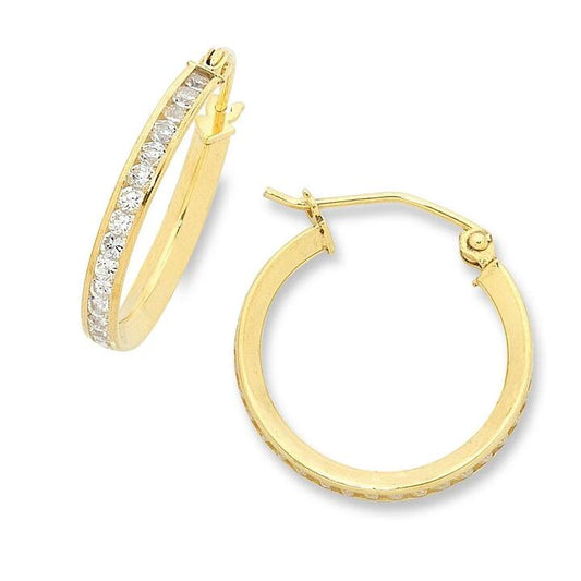 Image of Earrings. Productname: 18mm Channel Set Cubic Zirconia Hoop Earrings in 9kt Yellow Bonded Gold in Gold colour by brand - Bevilles