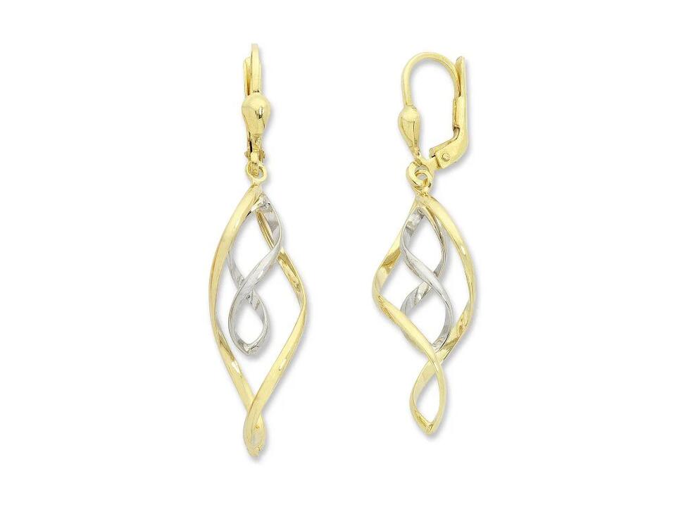 Image of Earrings. Productname: 9kt Two Tone Silver Infused Double Infinity Drop Earrings in Gold colour by brand - Bevilles