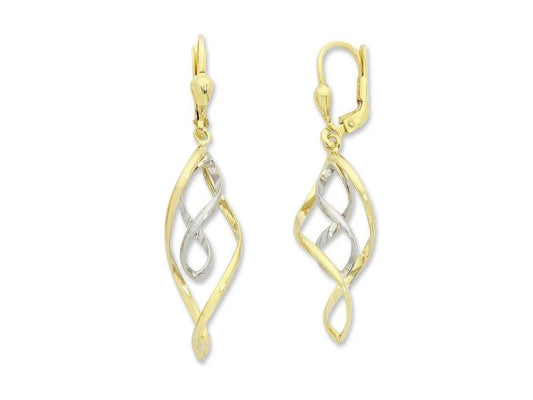 Image of Earrings. Productname: Double Twist Drop Hoop Earrings in 9kt Yellow and White Bonded Gold in colour by brand - Bevilles
