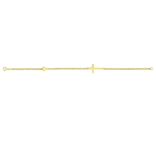 Image of Bracelets. Productname: 9kt Yellow Gold Silver Infused Belcher Cross And Heart Charm Bracelet 19cm in Gold colour by brand - Bevilles