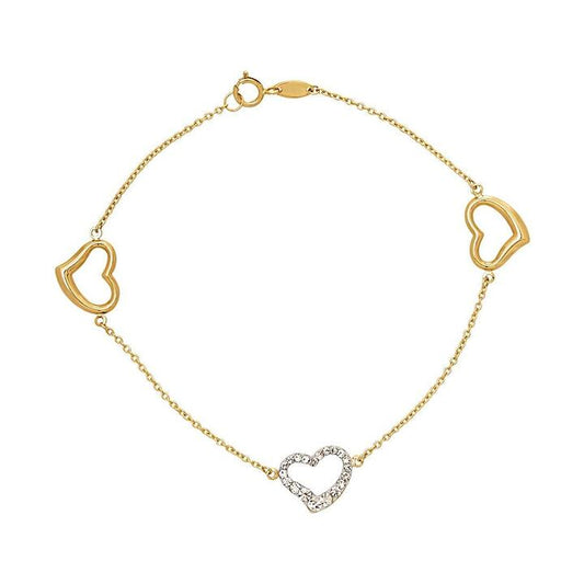 Image of Bracelets. Product name - 19cm Cubic Zirconia Heart Station Bracelet in 9kt Yellow Gold in colour by brand - Bevilles