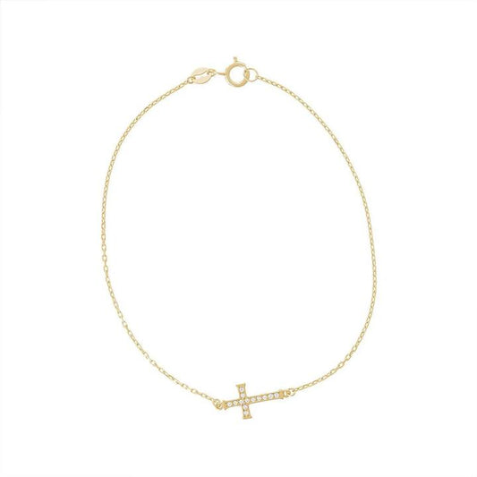 Image of Bracelets. Product name - 19cm Cubic Zirconia Cross Bracelet in 9kt Yellow Gold in colour by brand - Bevilles