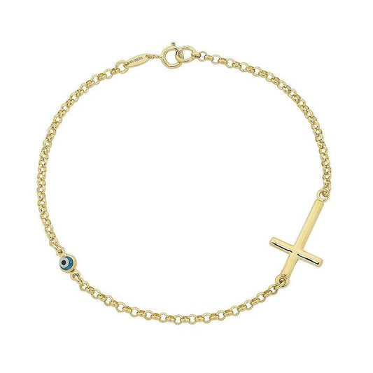 Image of Bracelets. Product name - 19cm Enamel Evil Eye and Cross Cable Bracelet in 9kt Yellow Gold in colour by brand - Bevilles