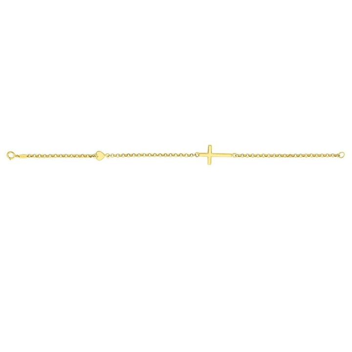 Image of Bracelets. Productname: 9kt Yellow Gold Cross and Puff Heart Bracelet in Gold colour by brand - Bevilles