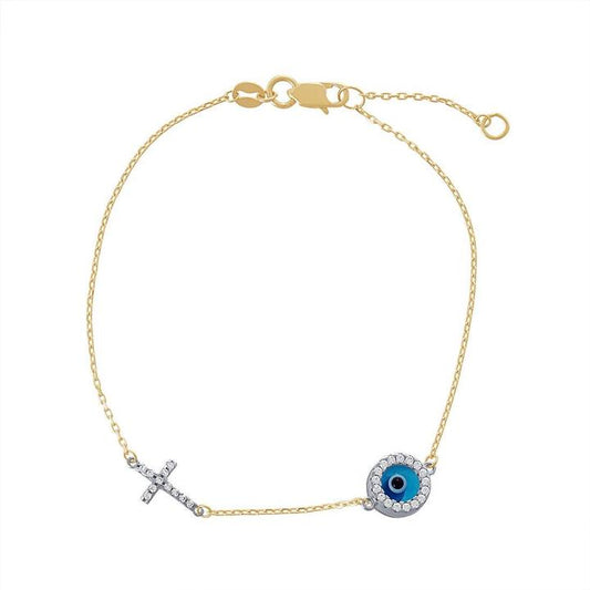 Image of Bracelets. Product name - 19cm Cubic Zirconia Evil Eye and Cross Cable Bracelet in 9kt Yellow Gold in colour by brand - Bevilles