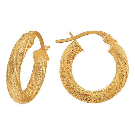Image of Earrings. Product name - 15mm Patterned Twist Hoop Earrings in 9kt Yellow Gold in colour by brand - Bevilles