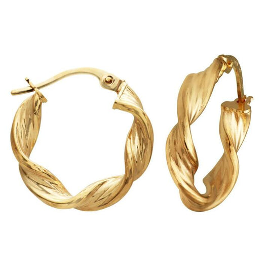 Image of Earrings. Productname: 10mm Textured Twist Hoop Earrings in 9kt Yellow Gold in colour by brand - Bevilles