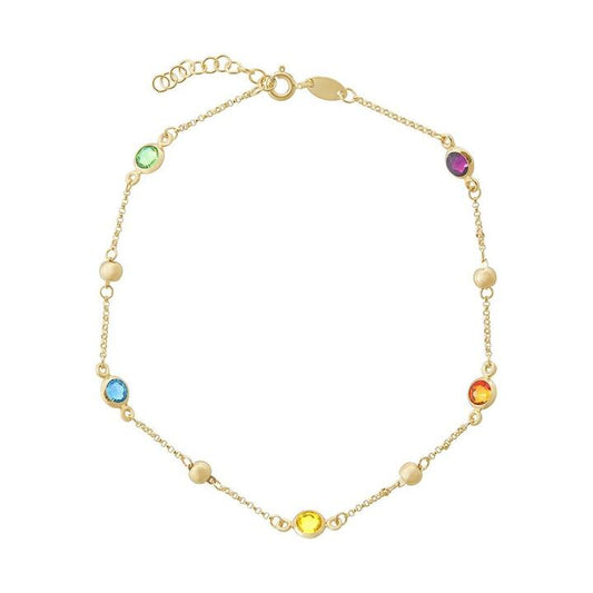 Image of Anklets. Productname: 25cm Bezel Crystal Station Anklet in 9kt Yellow Bonded Gold in Gold colour by brand - Bevilles
