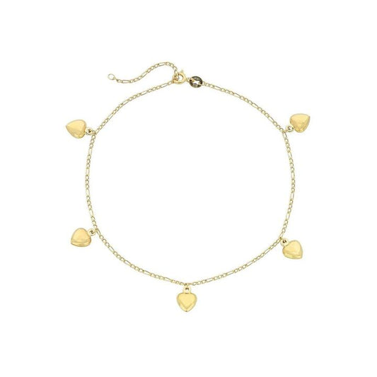 Image of Anklets. Productname: 9kt Yellow Gold Silver Infused 5 Puff Heart Anklet in Gold colour by brand - Bevilles